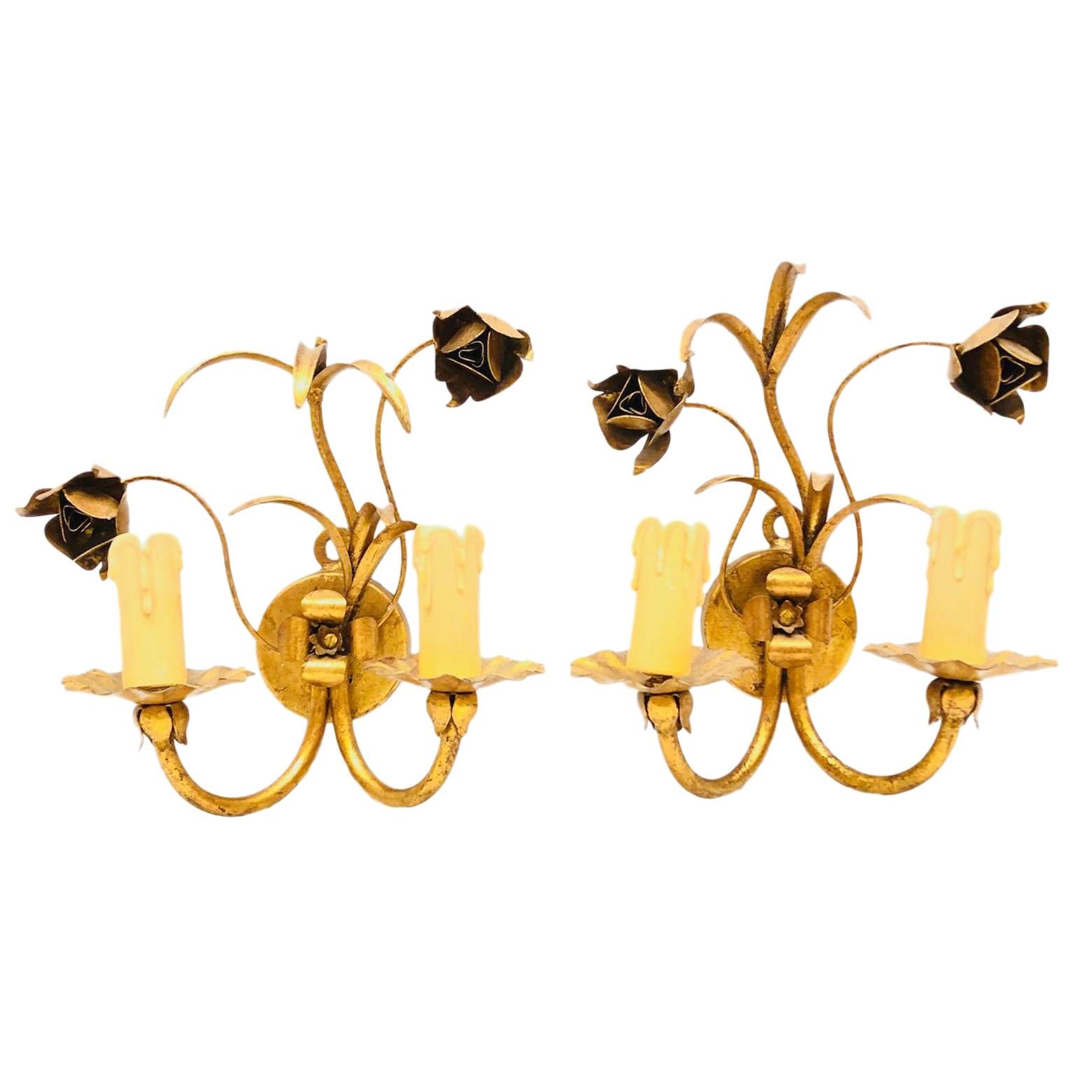 Italian Roses Two-Light Pair of Tole Sconces Gilded Metal, European, 1960s