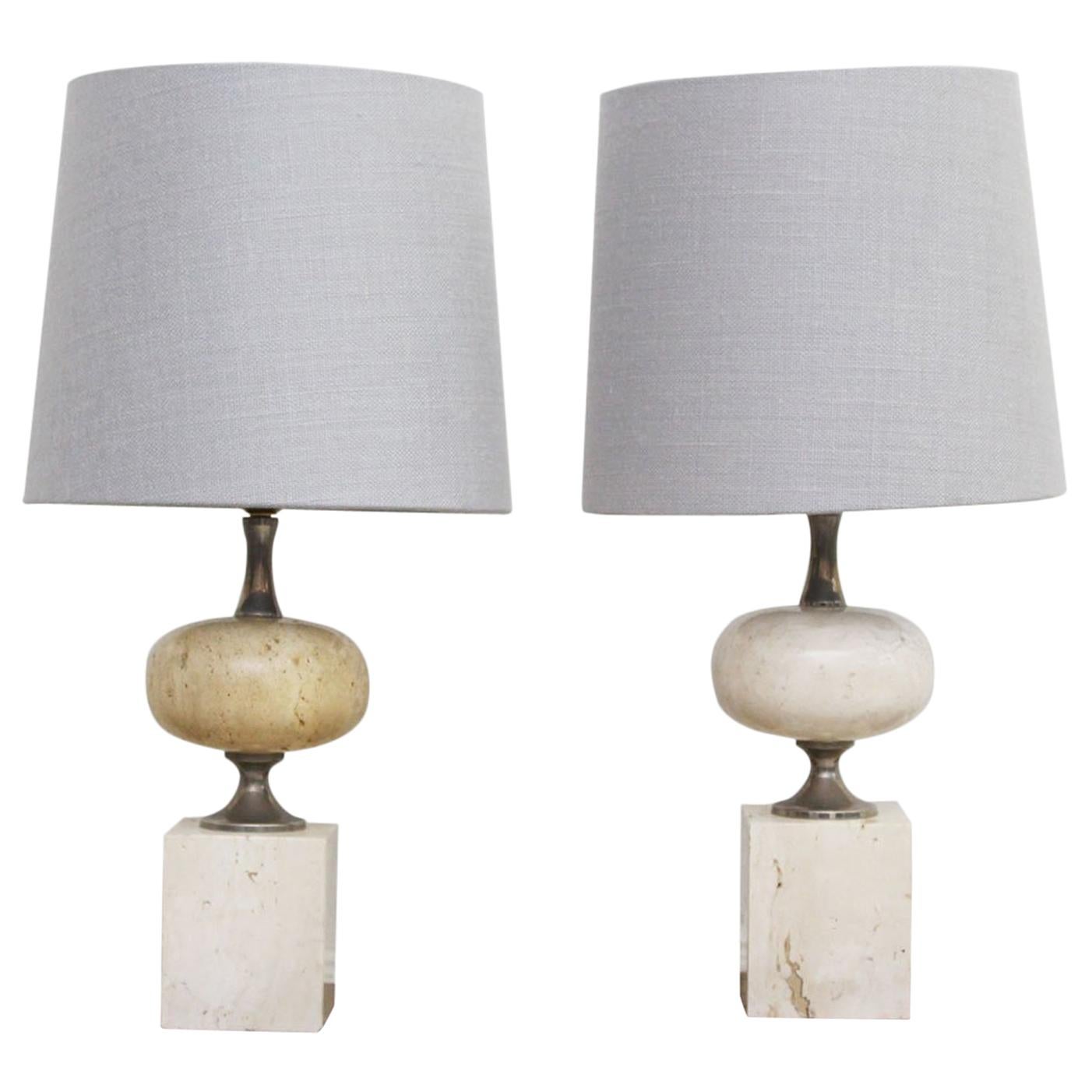 Pair of 1970s Chrome and Travertine Table Lights by Philippe Barbier