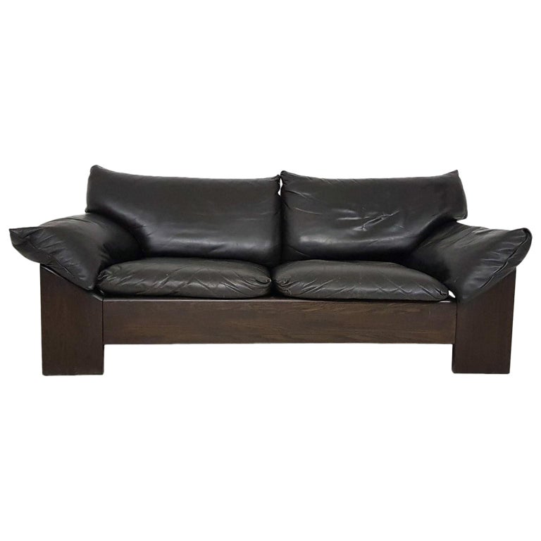 Brutalist Oak And Leather 2 Seat Sofa Or Loveseat By Leolux Dutch Design 1970s