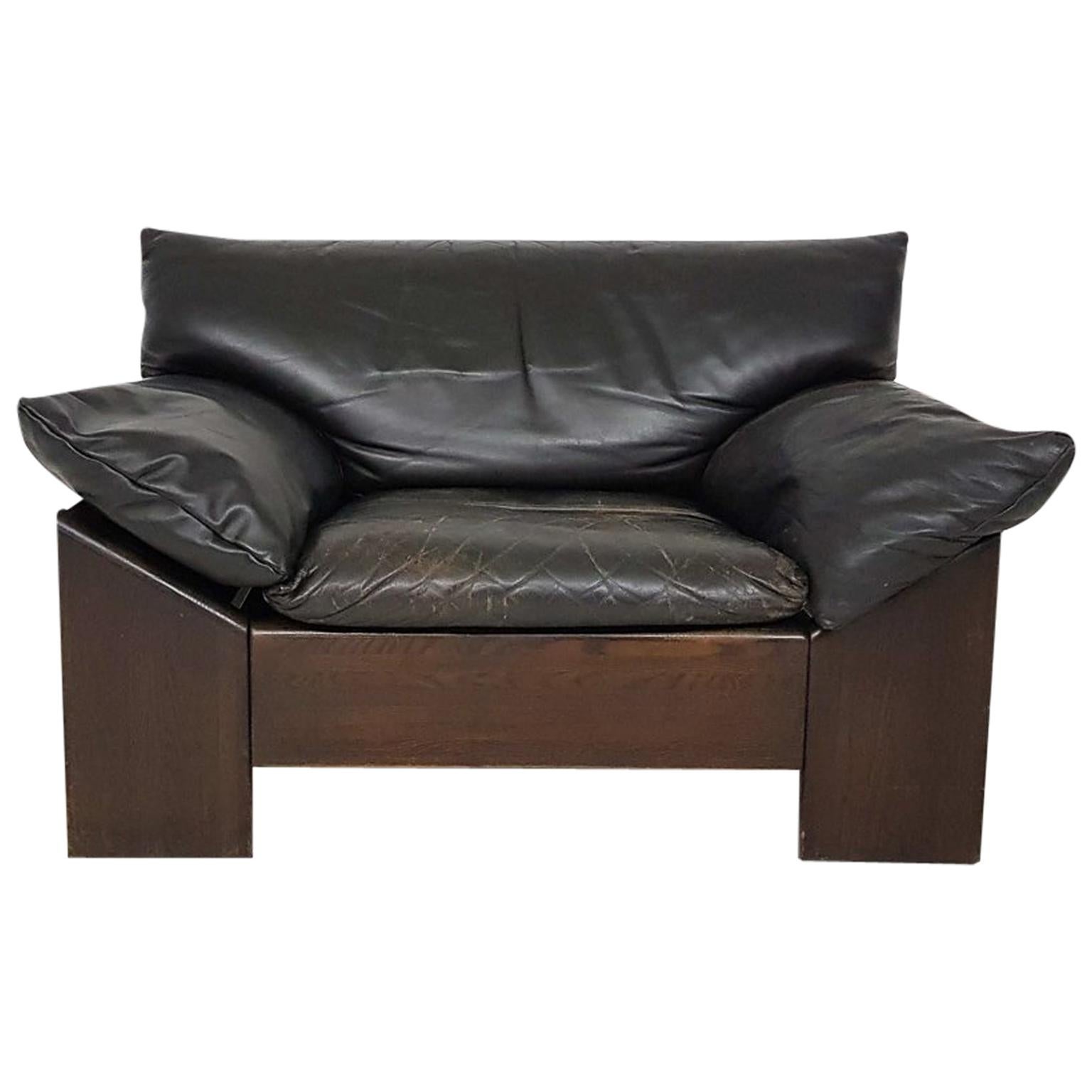 Brutalist Oak and Leather Lounge Chair by Leolux, Dutch Design, 1970s