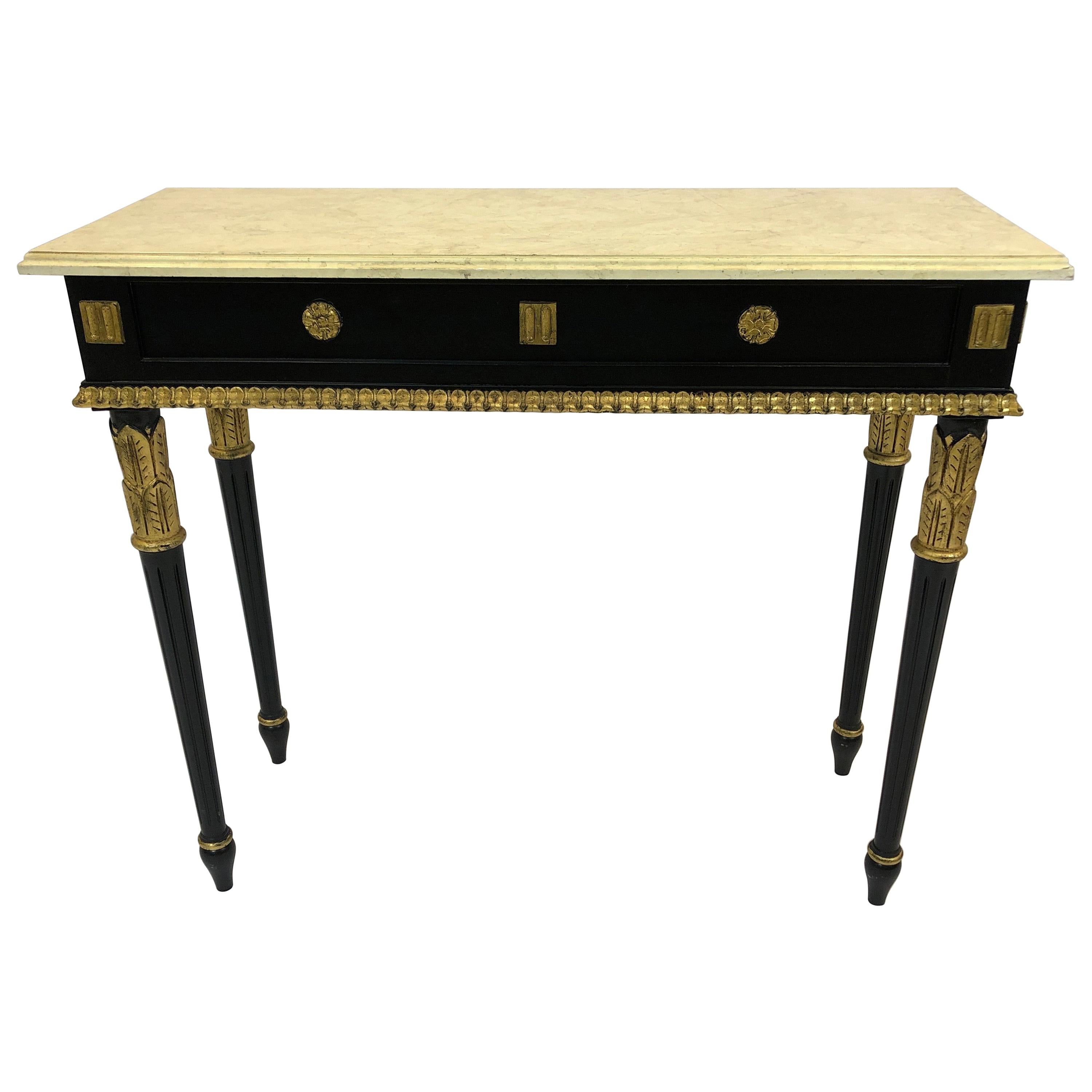 Glamorous Regency Style Black and Gilded Console Table with Faux Marble Top