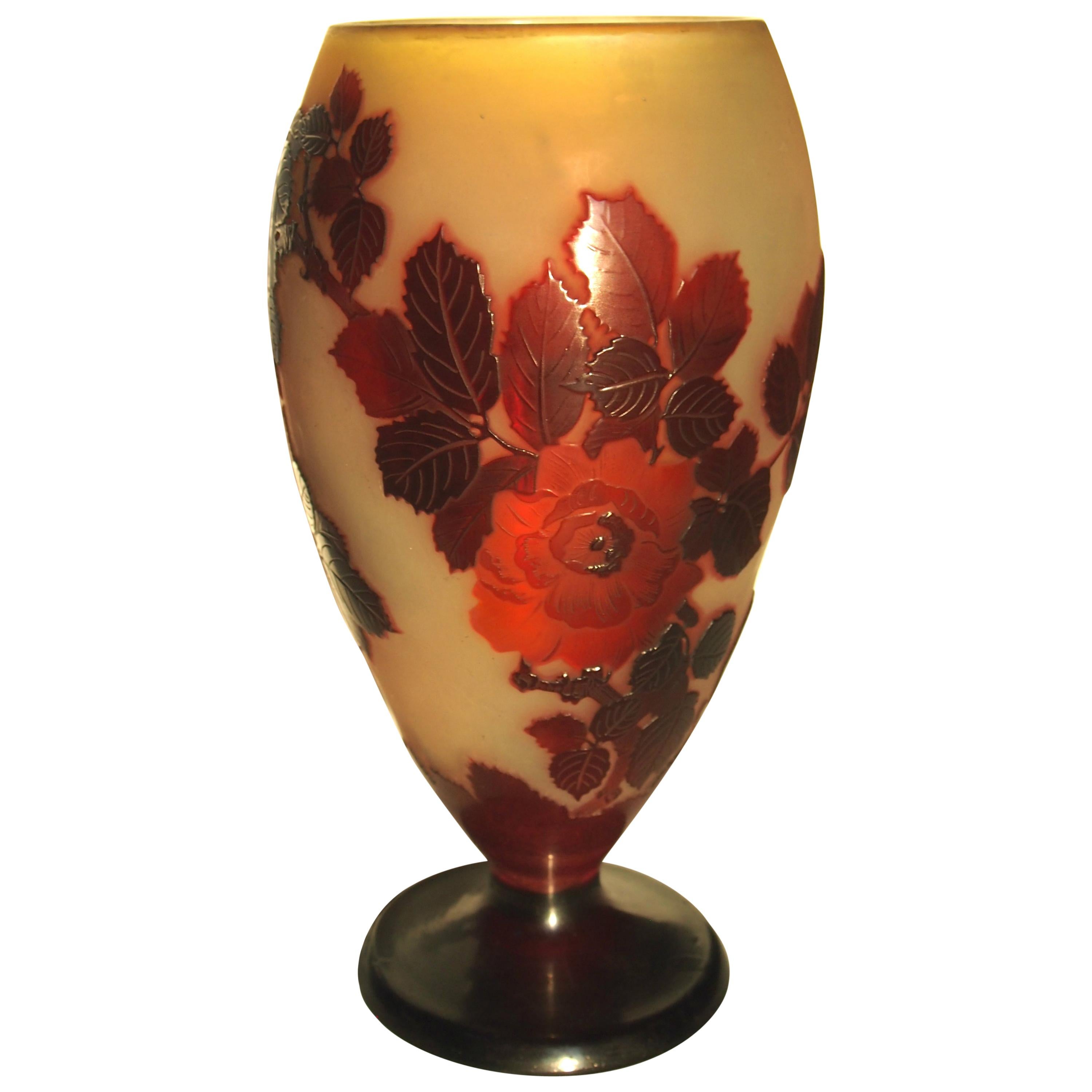 Emile Galle Art Nouveau Cameo Glass Roses Vase -French For Sale