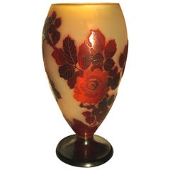 Emile Galle Art Nouveau Cameo Glass Roses Vase -French