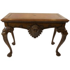 Masculine Lion and Leather Adorned Fruitwood Maitland Smith Console Table