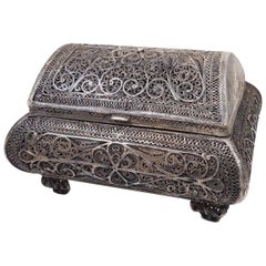 Antique Russian Sterling Silver Filigree Handmade Trinket Box Chest, 1850-1899