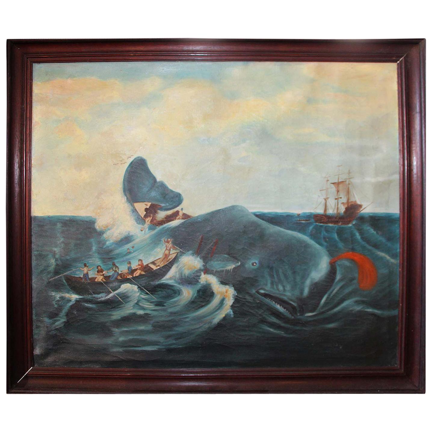 19th Century Oil Painting Capturing a Sperm Whale