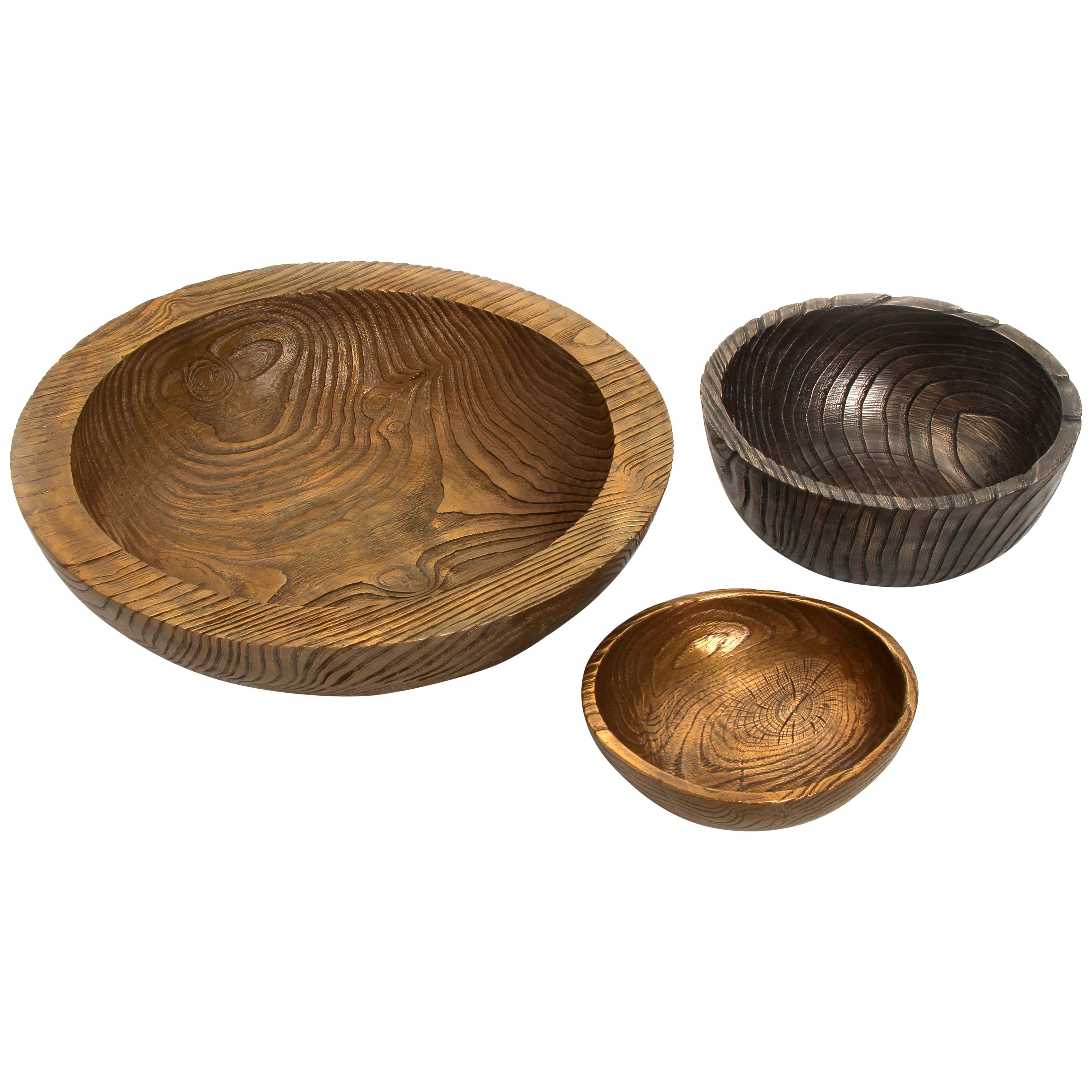 Solid Bronze Set ‘Everest’, ‘Alpine’ and ‘Flora’ Bowls with Wood Grain Texture For Sale