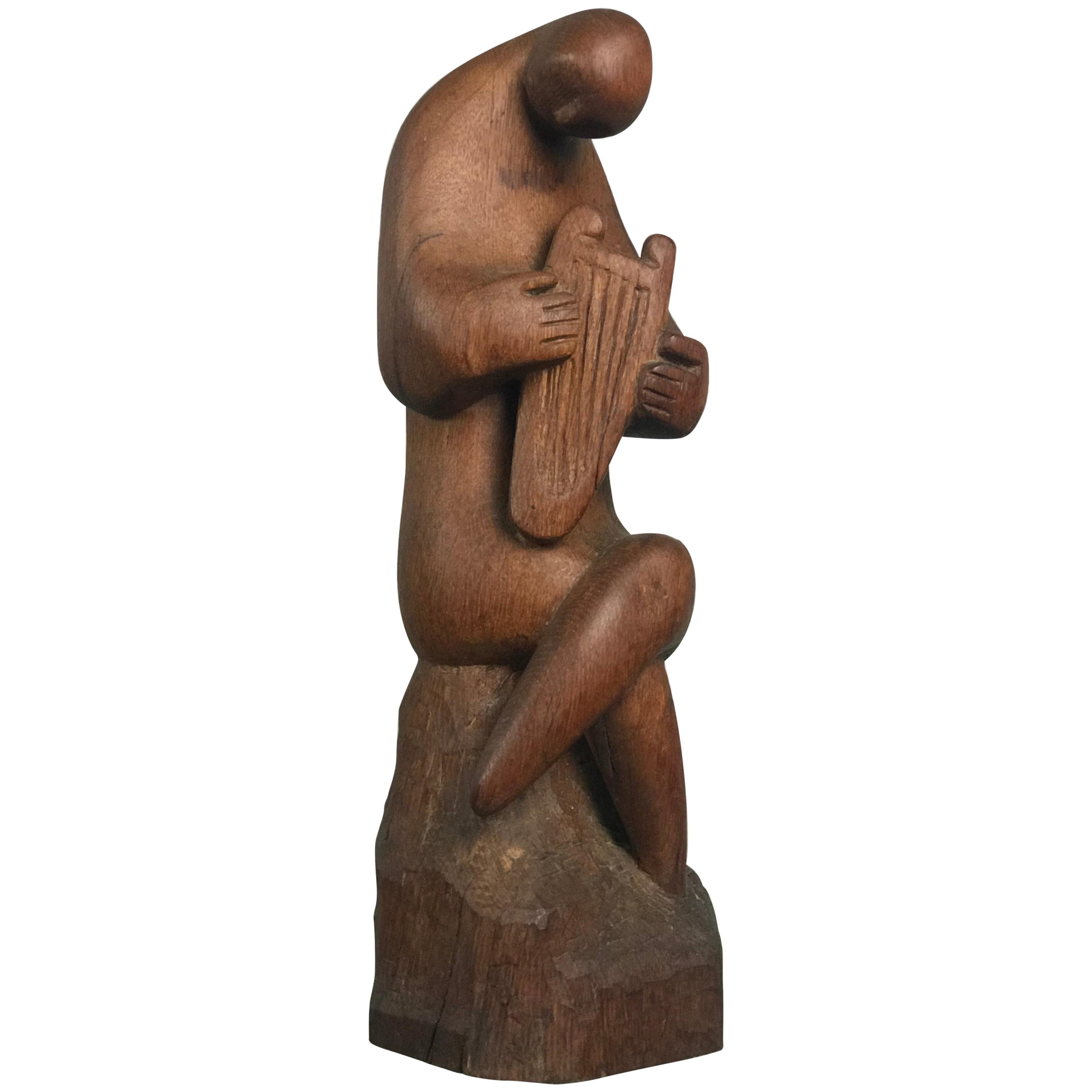 Modernist Wood Sculpture Harp Player Musician Figure Mid-Century Modern Art