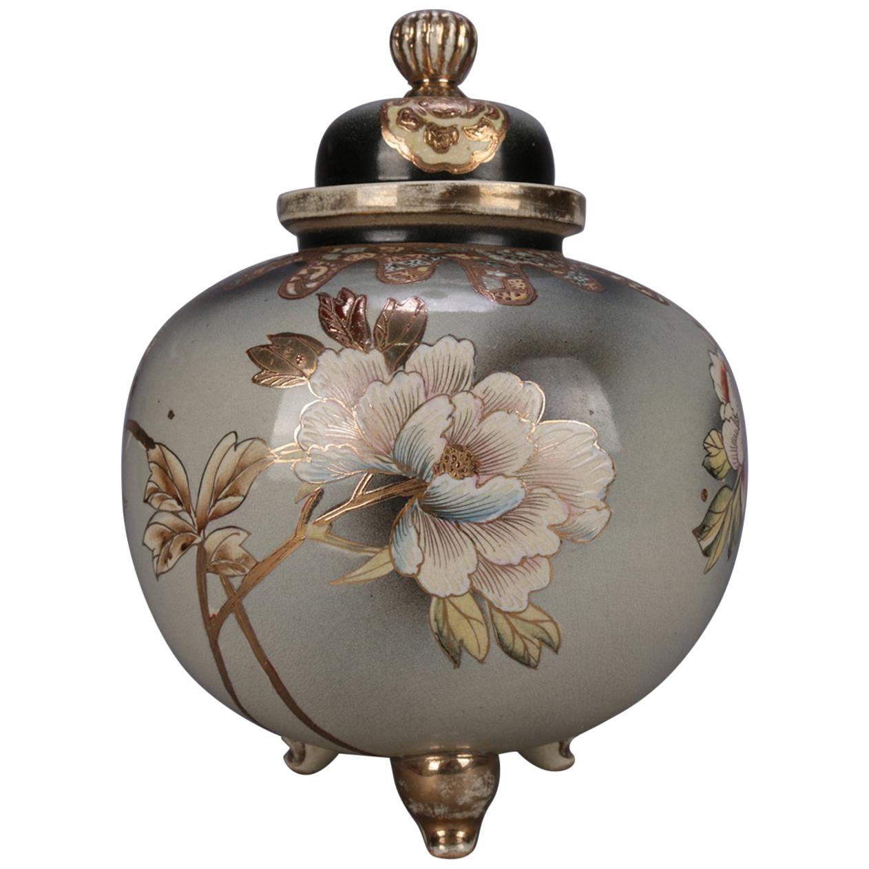 Antique Japanese Satsuma Hand Painted and Gilt Porcelain Lidded and Footed Jar