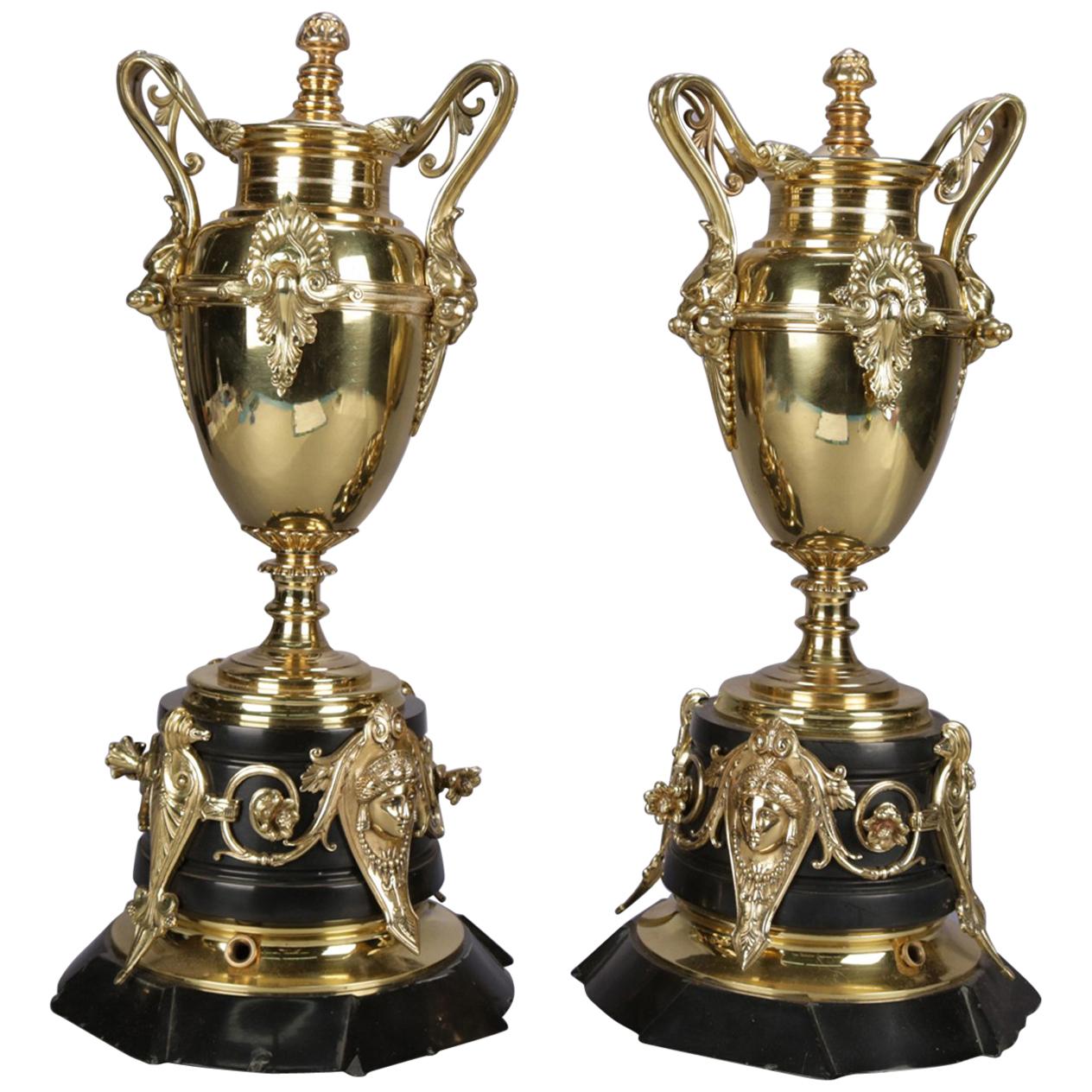 Pair of Italian Egyptian Revival Polished Bronze and Marble Figural Urns