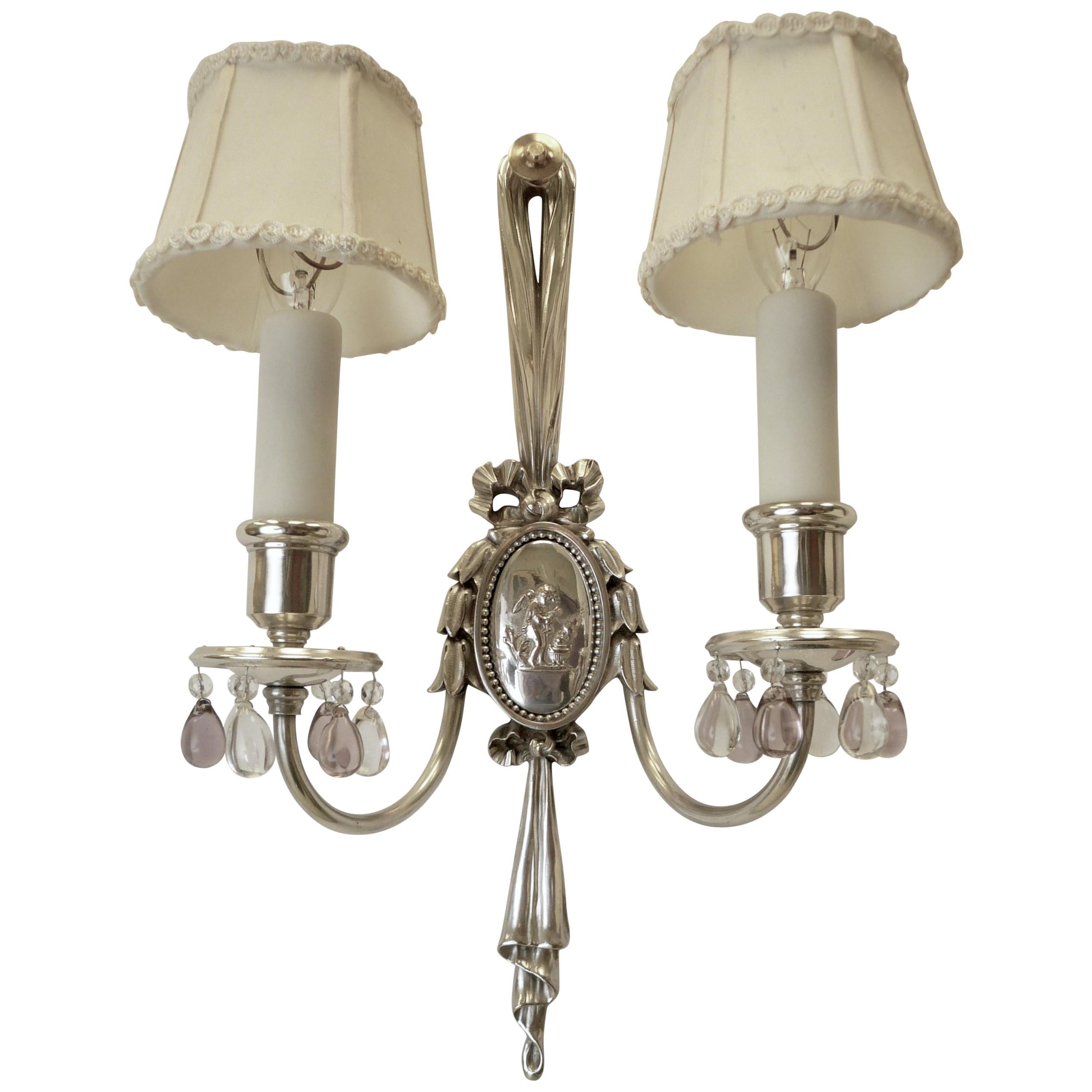 Pair of Caldwell Silver Plated Two Light Neoclassical Style Sconces For Sale