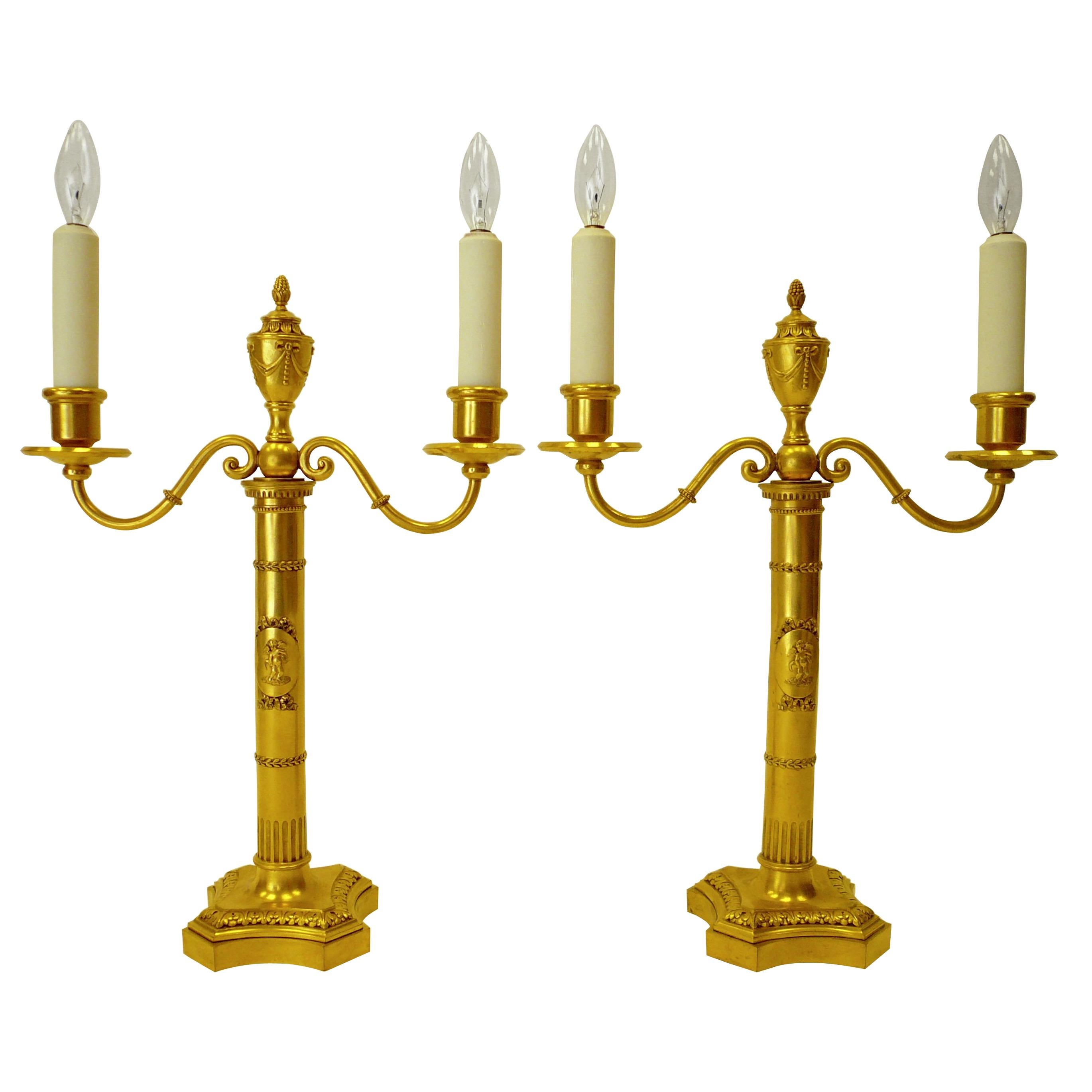 Pair of E. F. Caldwell Gilt Bronze Robert Adam Style Candelabra Form Lamps
