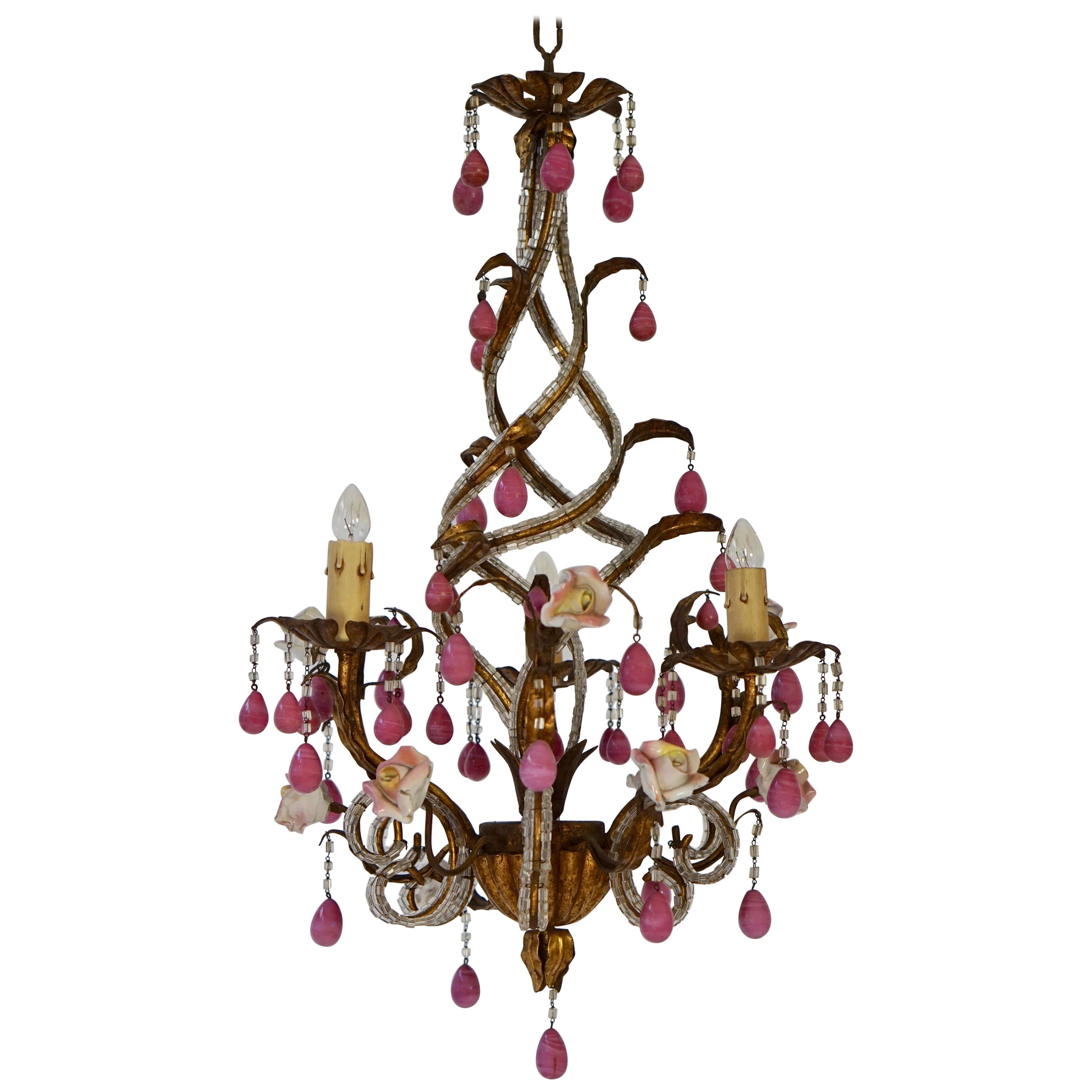 Brass and Ceramic Drop Chandelier with Porcelain Flowers, Italy