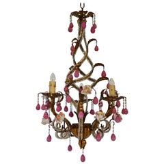 Retro Brass and Ceramic Drop Chandelier with Porcelain Flowers, Italy