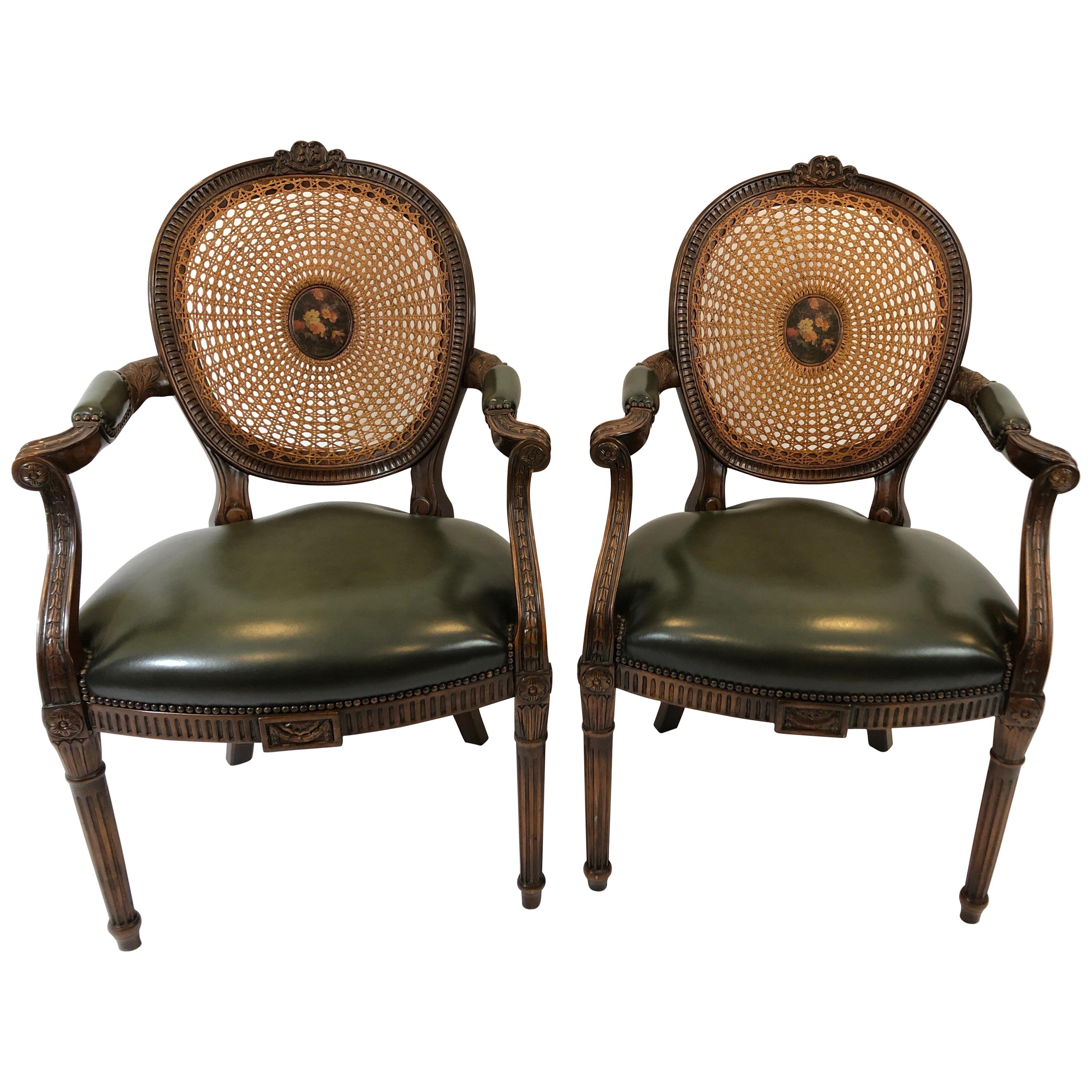 Stately Pair of Caned Carved Walnut and Supple Green Leather Armchairs
