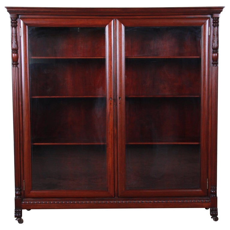 Antique Carved Mahogany Glass Front Double Bookcase at 1stDibs