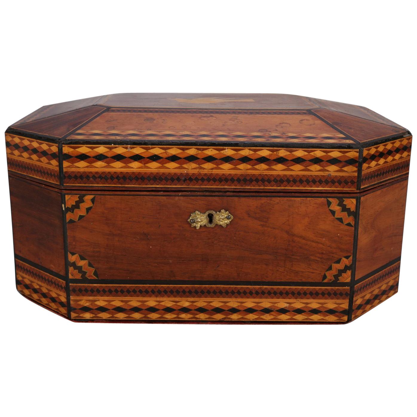 Antique Mahogany Marquetry Jewelry Box, Ebonized and Satinwood Inlay