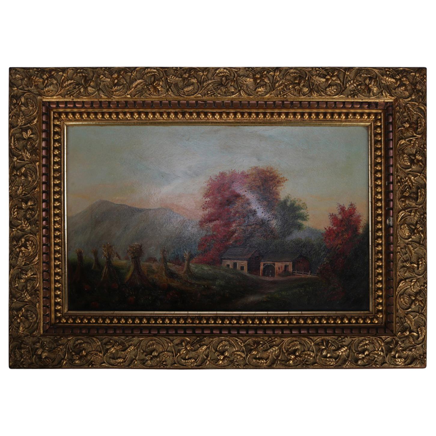 Antique Folk Art Oil on Board Landscape Painting with Farm, 20th Century