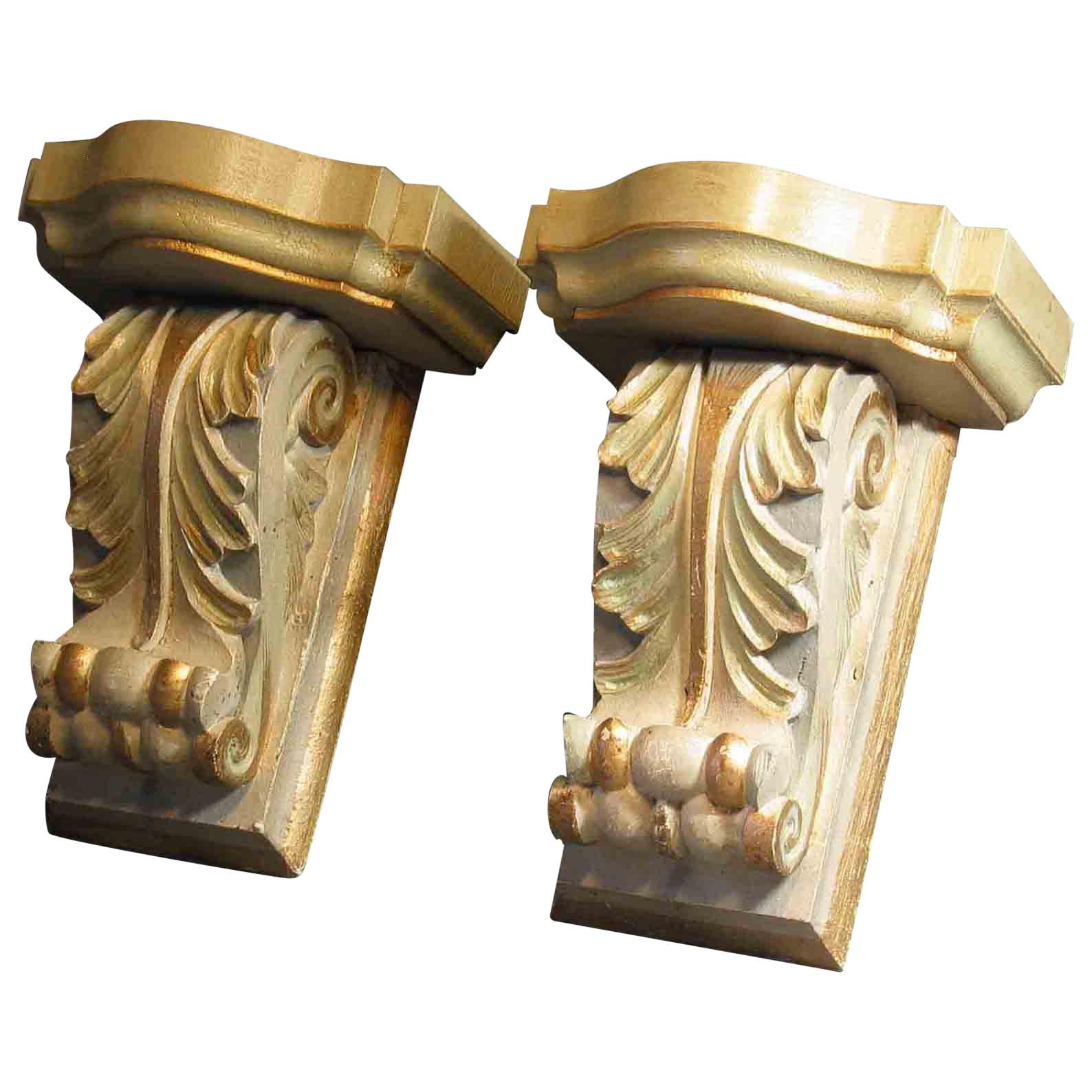 Pair of Painted and Gilt Carved Wood Wall Brackets in the Style of William Kent