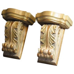 Vintage Pair of Painted and Gilt Carved Wood Wall Brackets in the Style of William Kent