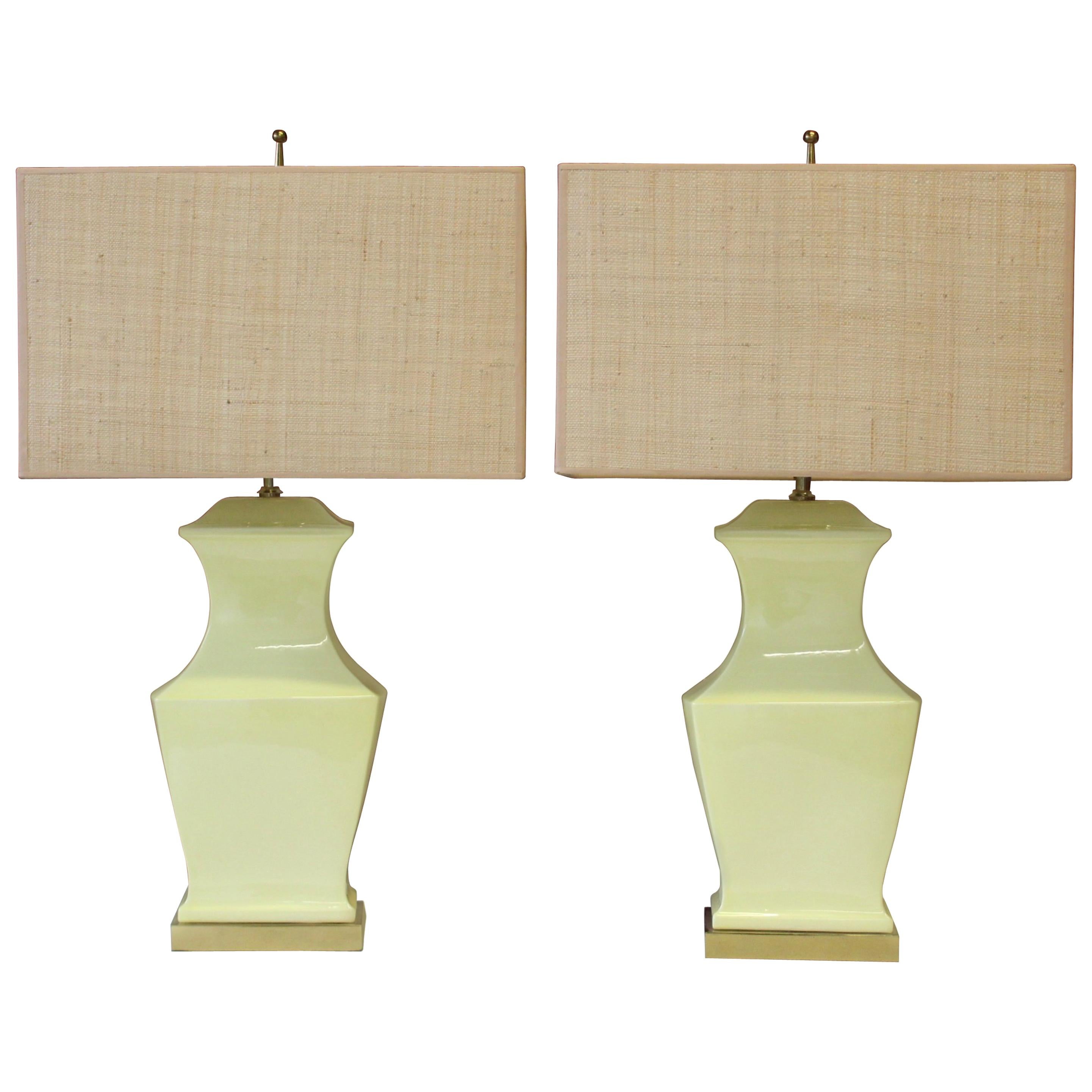 1960s Modern Yellow Pottery and Brass Table Lamps