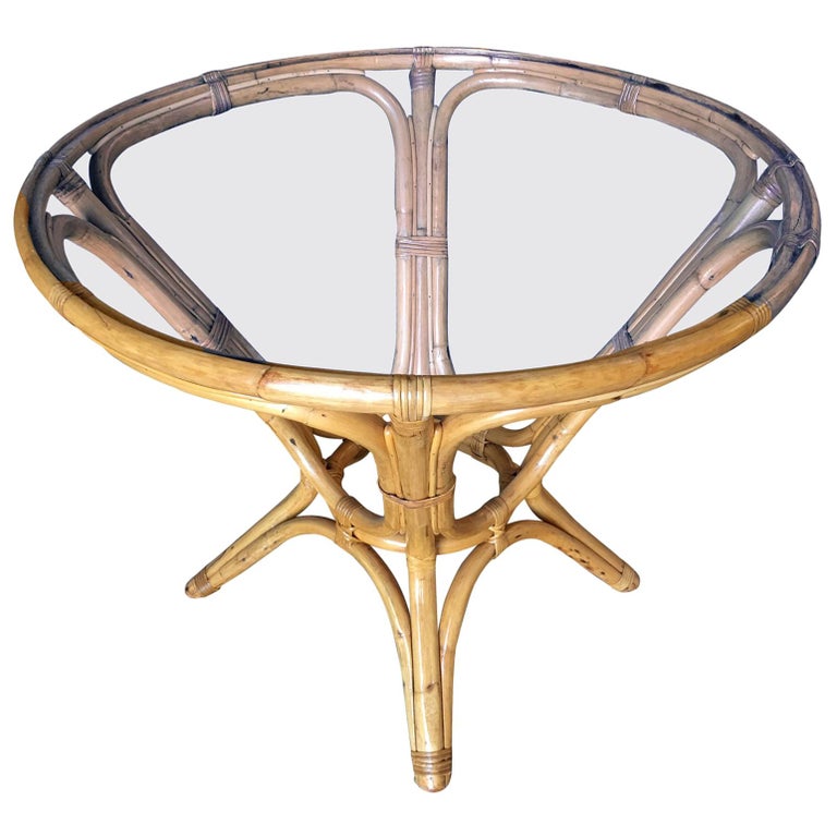 Restored Rattan Round Glass Top Dining Table For Sale at 1stdibs