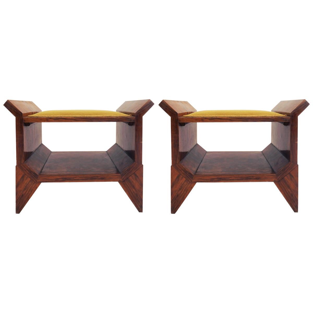Italian Architectural Art Deco Entrance Stools in Walnut Root