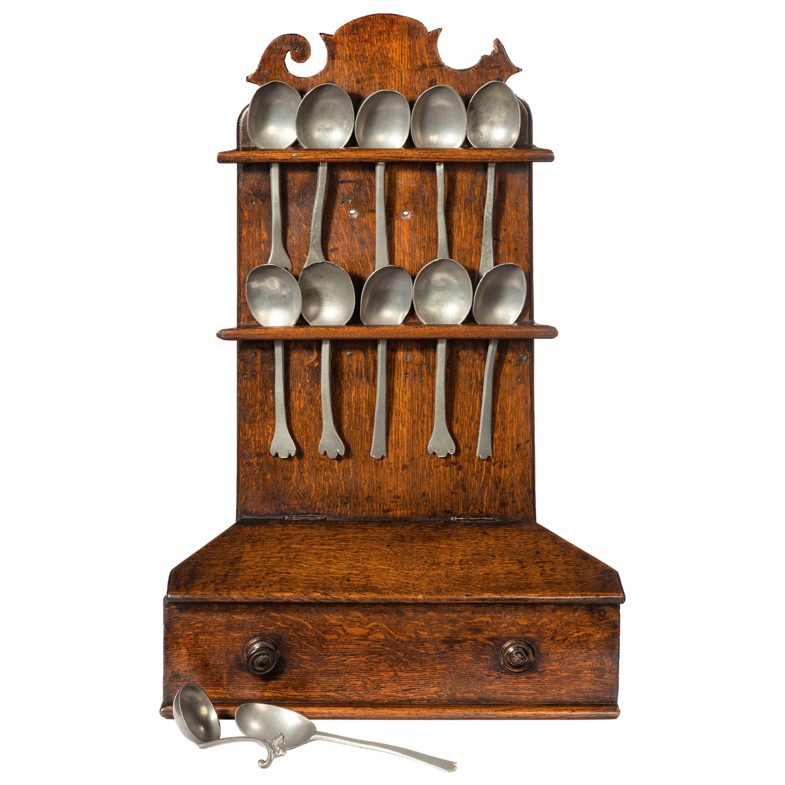 George III Period Oak and Pewter Spoon Rack For Sale