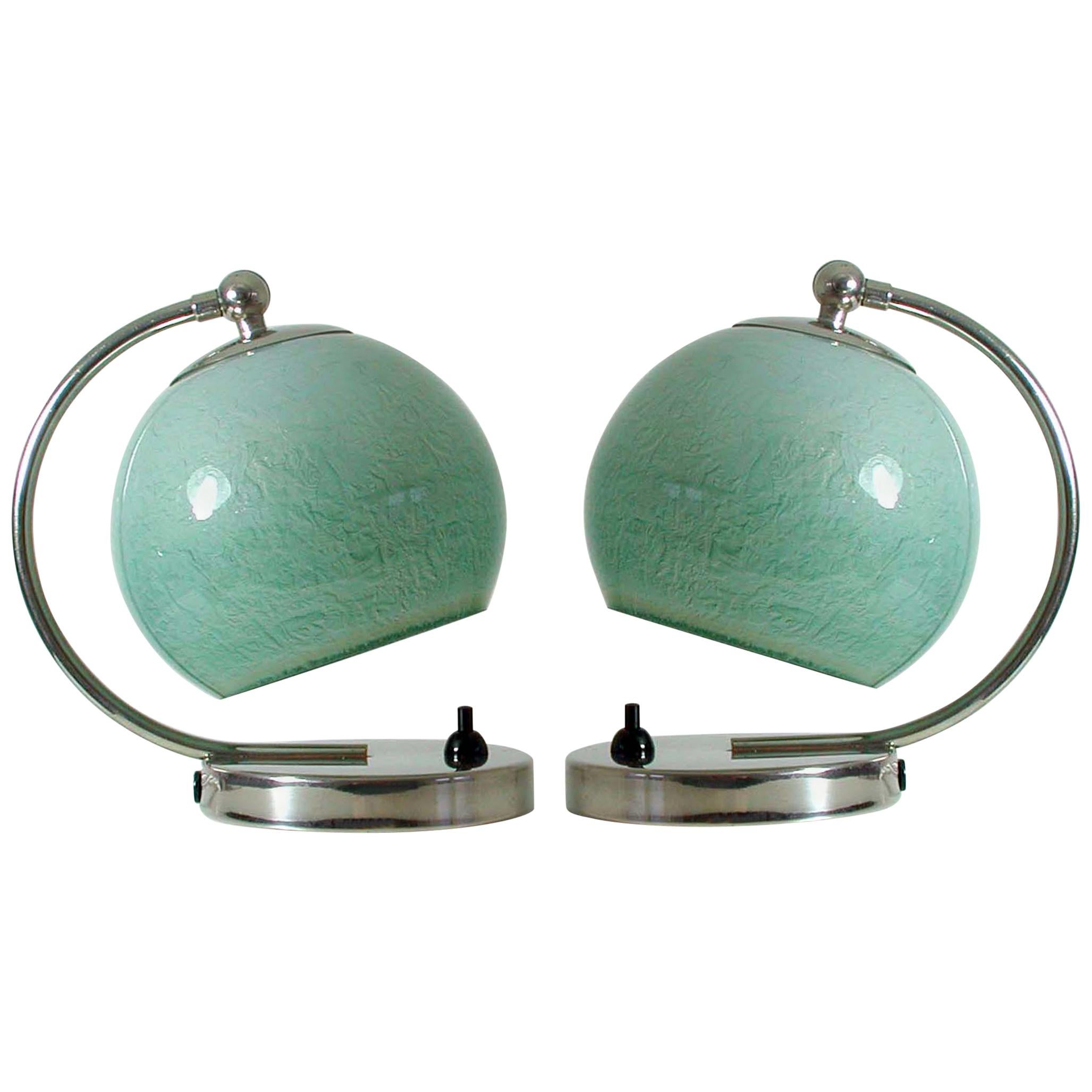 German Bauhaus Art Deco Chrome Table Lamps Mint Opal Shades, Set of 2, 1930s