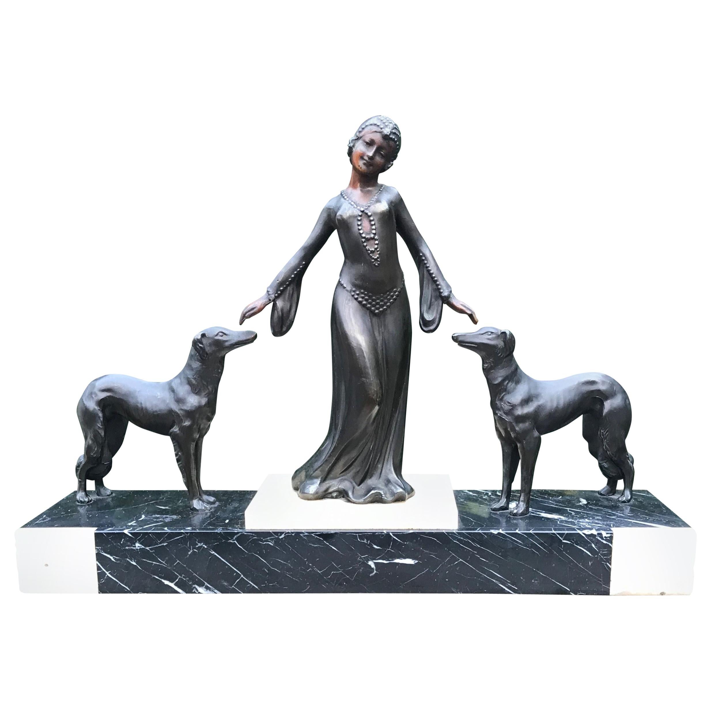 Stylish Art Deco Lady in Dress with Her Greyhounds Sculpture on a Marble Base