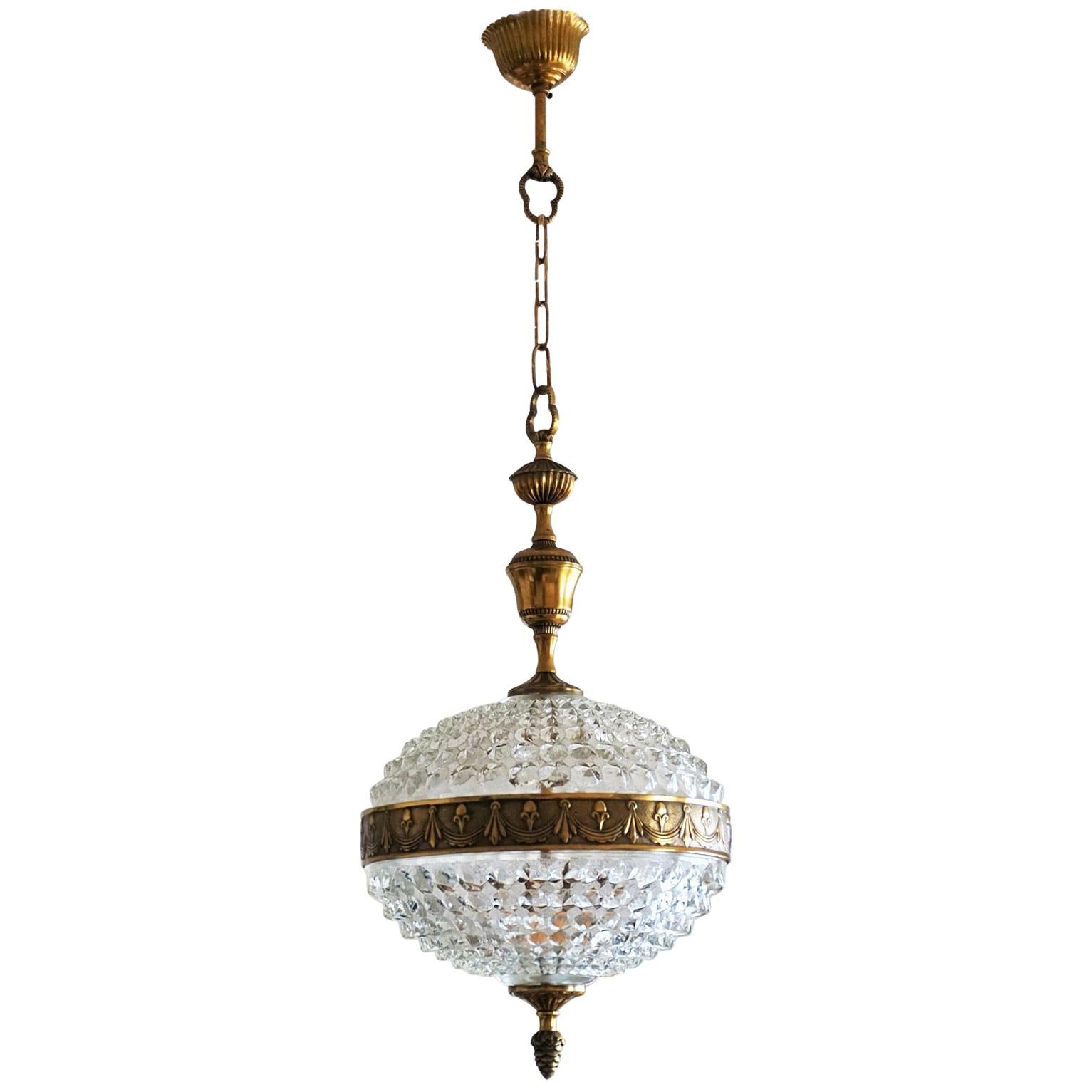 Art Deco Glass Brass Ball Chandelier or Lantern, 1960s