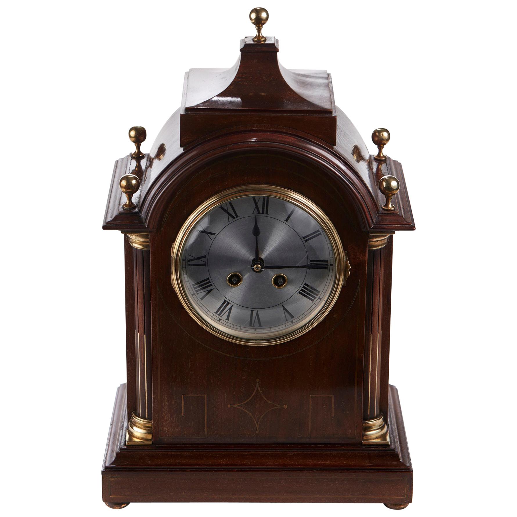 Quality Antique Mahogany Brass Inlaid 8 Day Mantle Clock For Sale