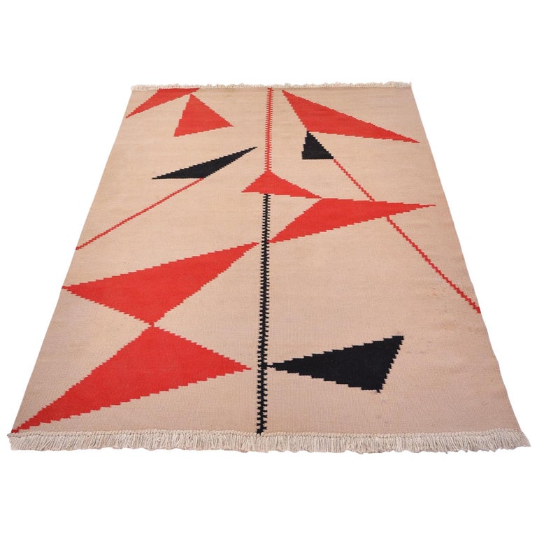 MidCentury Modern Hand Woven Kilim Rug with Geometric Decoration