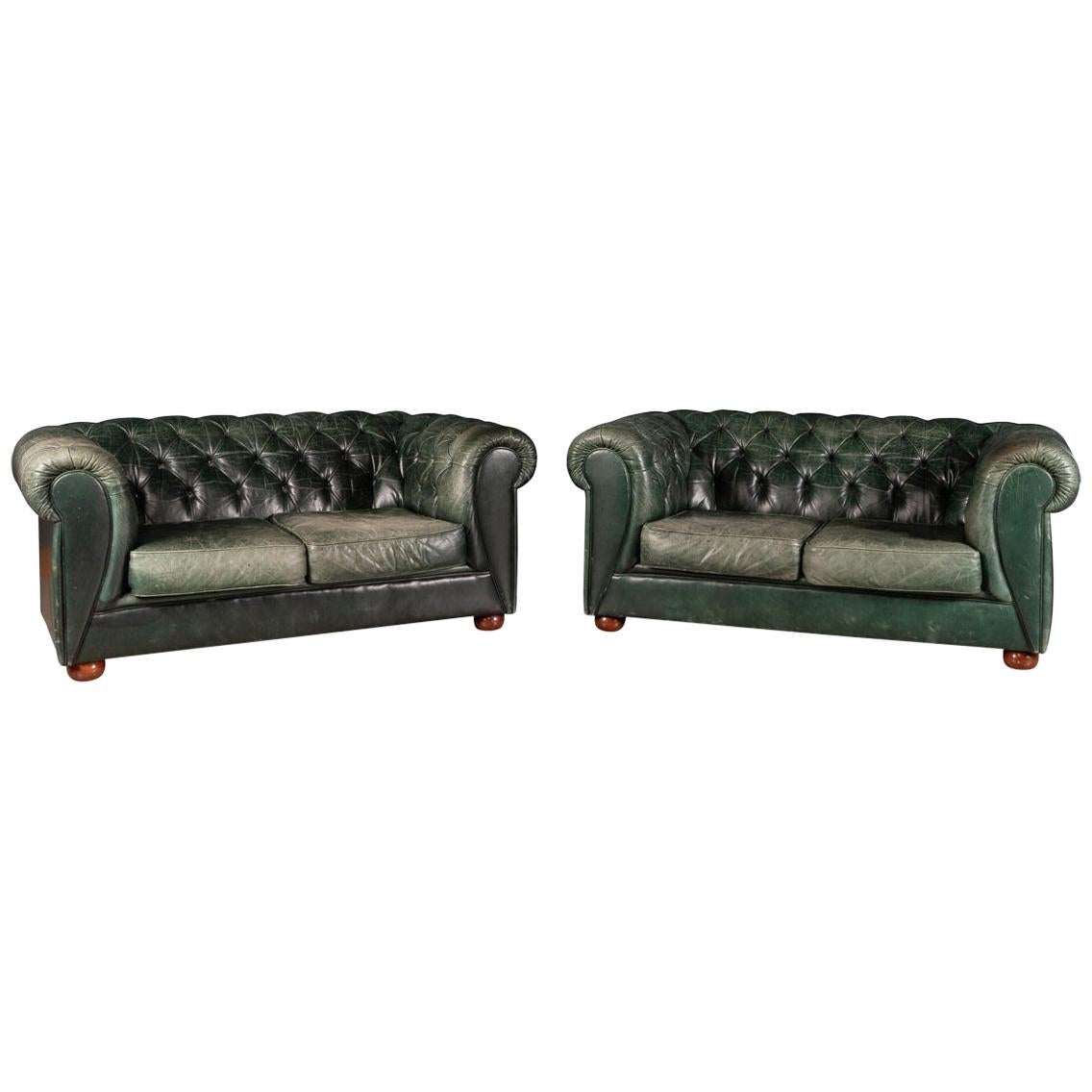 Elegant 20th Century Pair of Green Two-Seat Leather Chesterfield Sofas