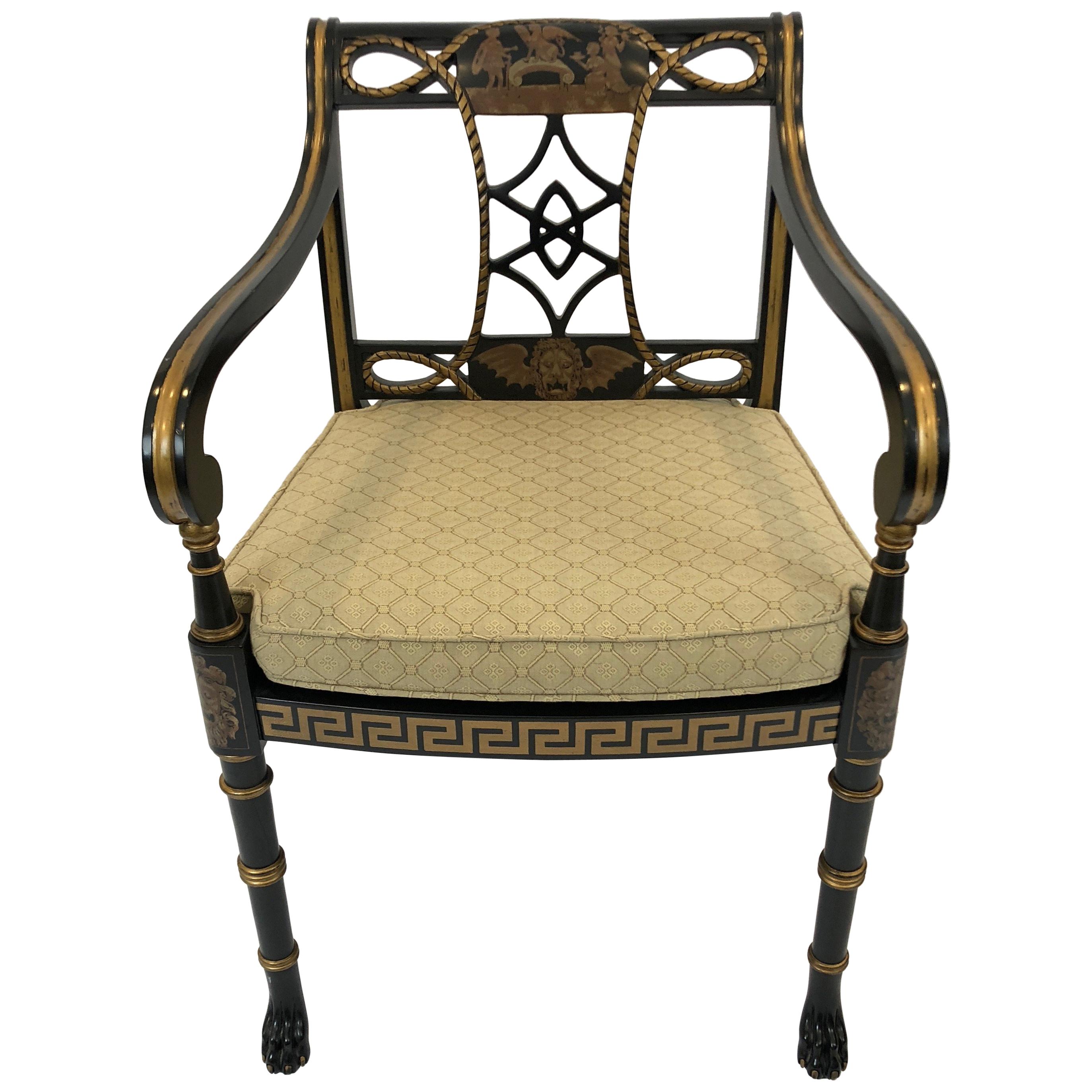 Sensational Greek Key Motif Regency Style Arm Chair Club Chair with Caned Seat