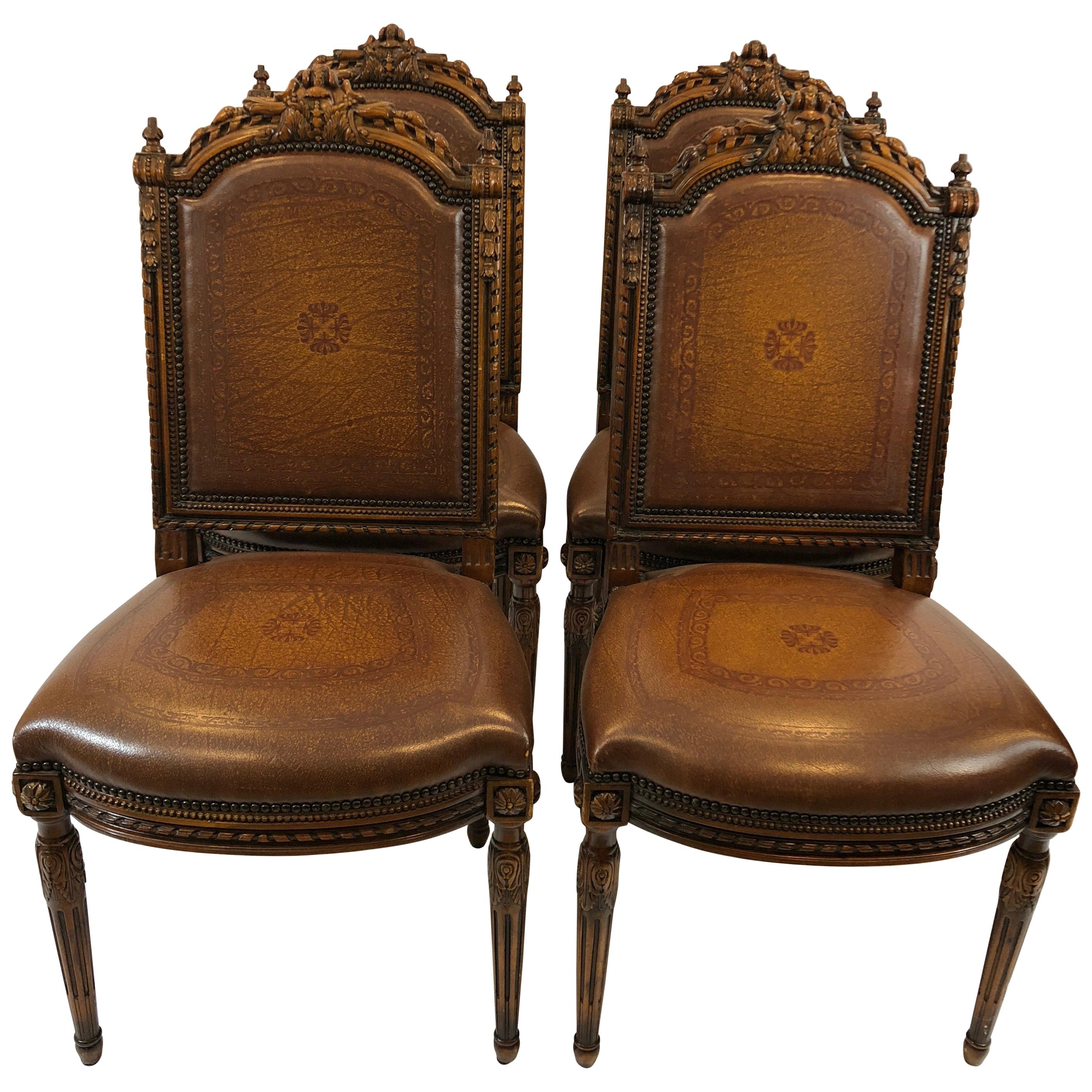 Grand Set of 4 Jacobean Style Carved Walnut and Leather Side Dining Chairs