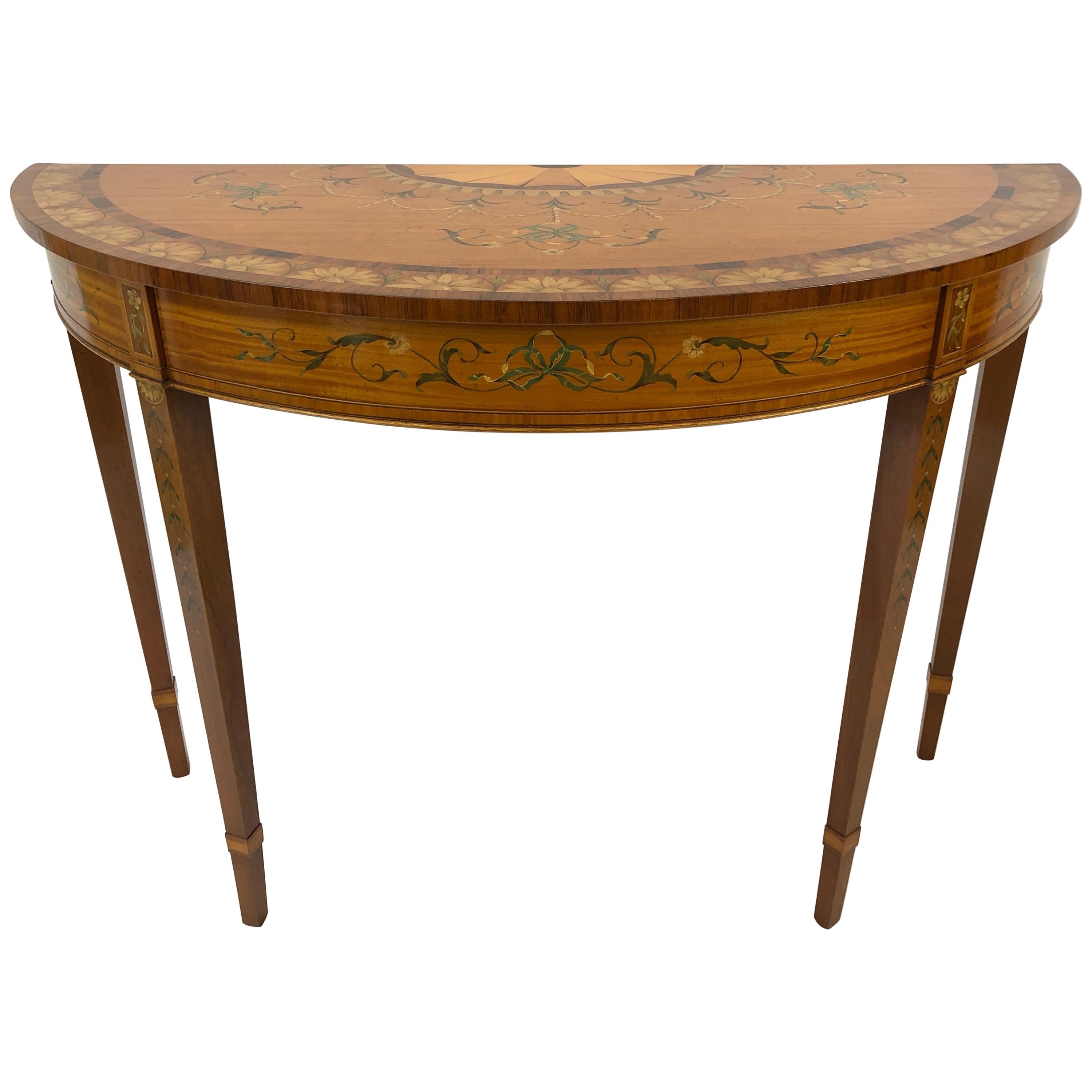 Exquisite Adam Style English Hand Painted Demilune Console Table