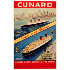 Original Vintage Cunard Poster Queen Mary New York & Queen Elizabeth Southampton