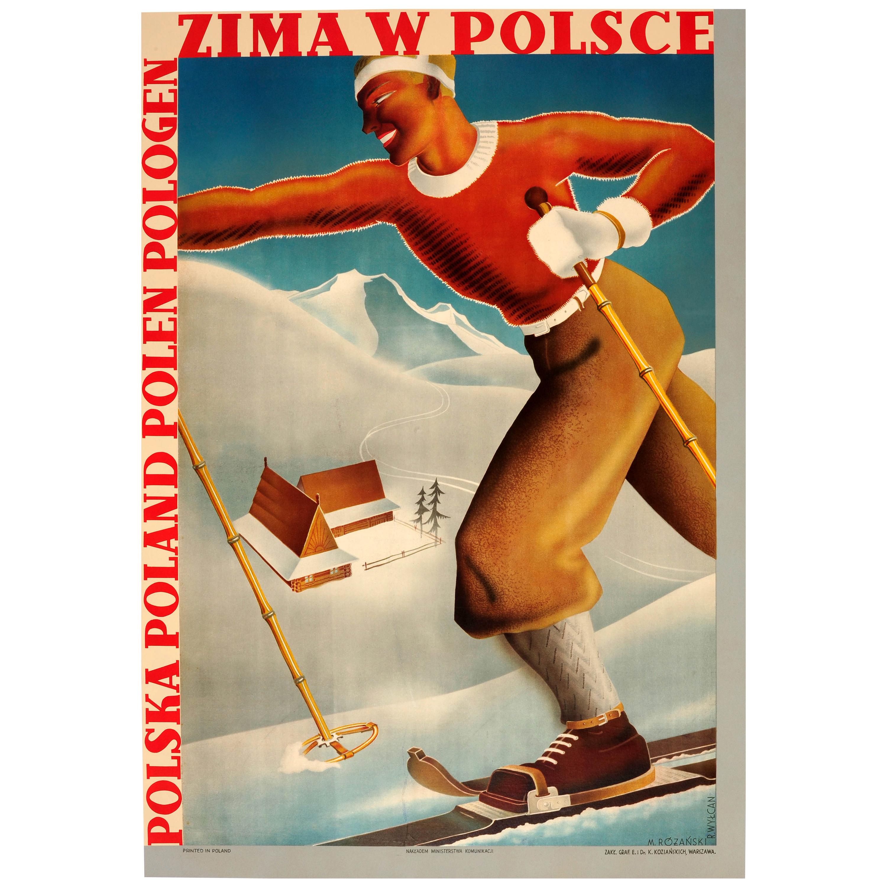 Affiche de sports d'hiver originale vintage Art déco, Pologne, Zima W Polsce