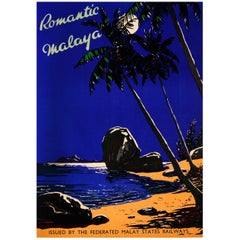 Affiche de voyage vintage d'origine FMS Railway Romantic Malaya / Malaisie Singapour