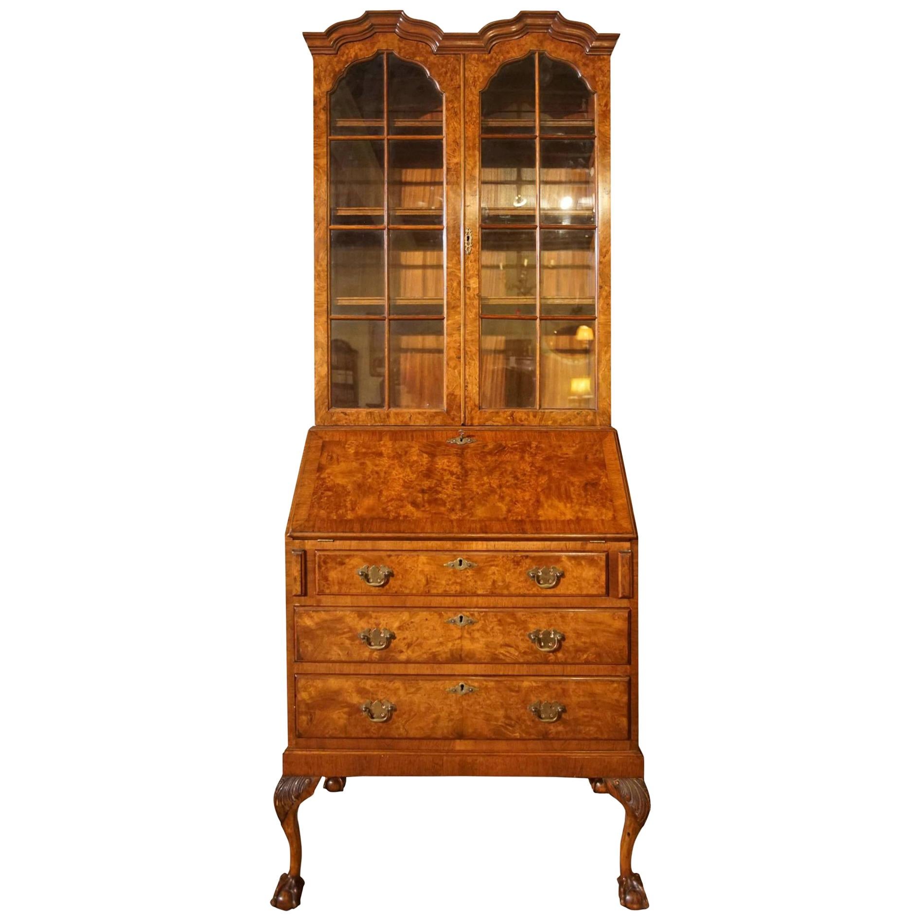 Burr Walnut Queen Anne Style Double-Dome Bookcase For Sale