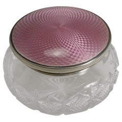 Vintage English Sterling Silver and Pink Guilloche Enamel Lidded Powder Box, 1934