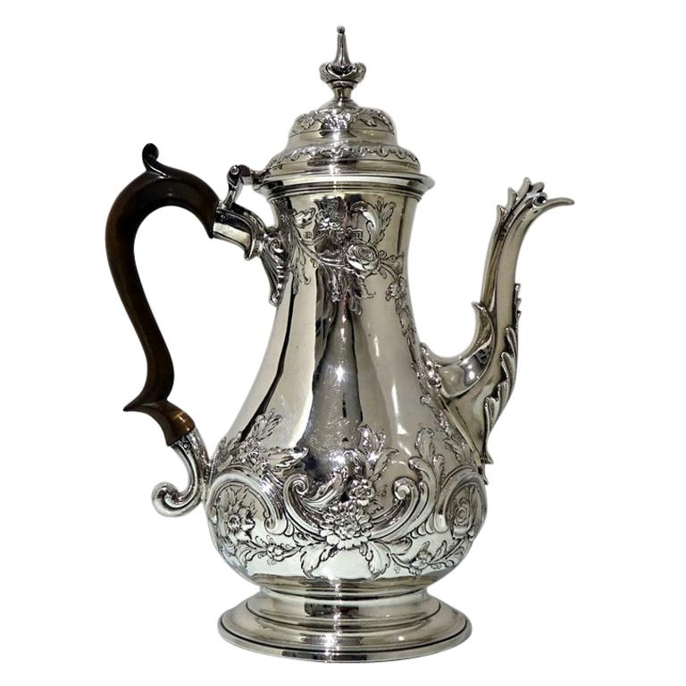 Mid-18th Century Antique George III Sterling Silver Rococo Coffee Pot, London For Sale
