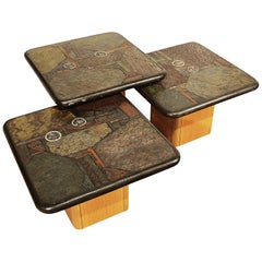 Vintage 1990, 3 Coffee Tables Set by Kneip, Oak, Slate, Copper, Brass Marquetry, Germany