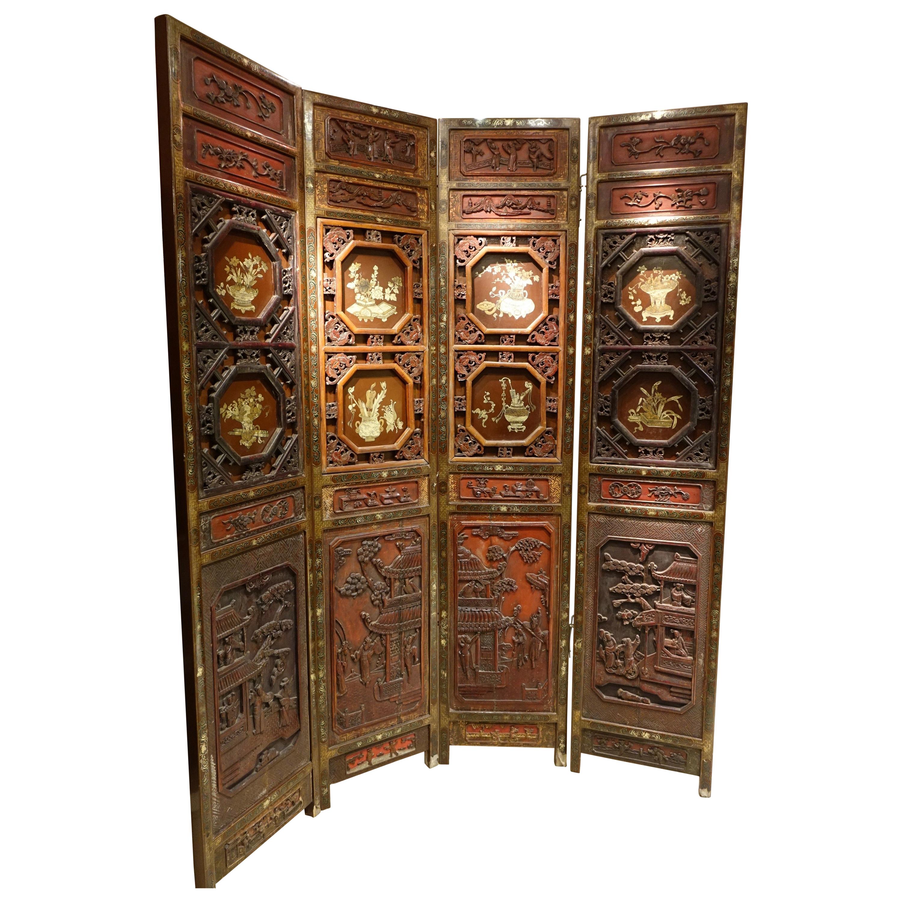 Four-Panel Carved Wood and Red Lacquered Screen, China, circa 1900 For Sale