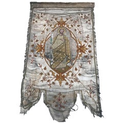 19th Century Processional Banner with Painted Portrait and Appliqued Details