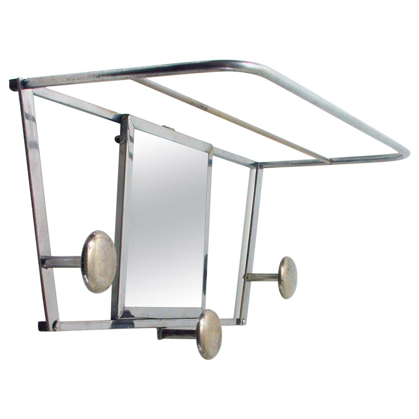 Art Deco French Industrial Chrome Coat and Hat Rack with Mirror, 1930s