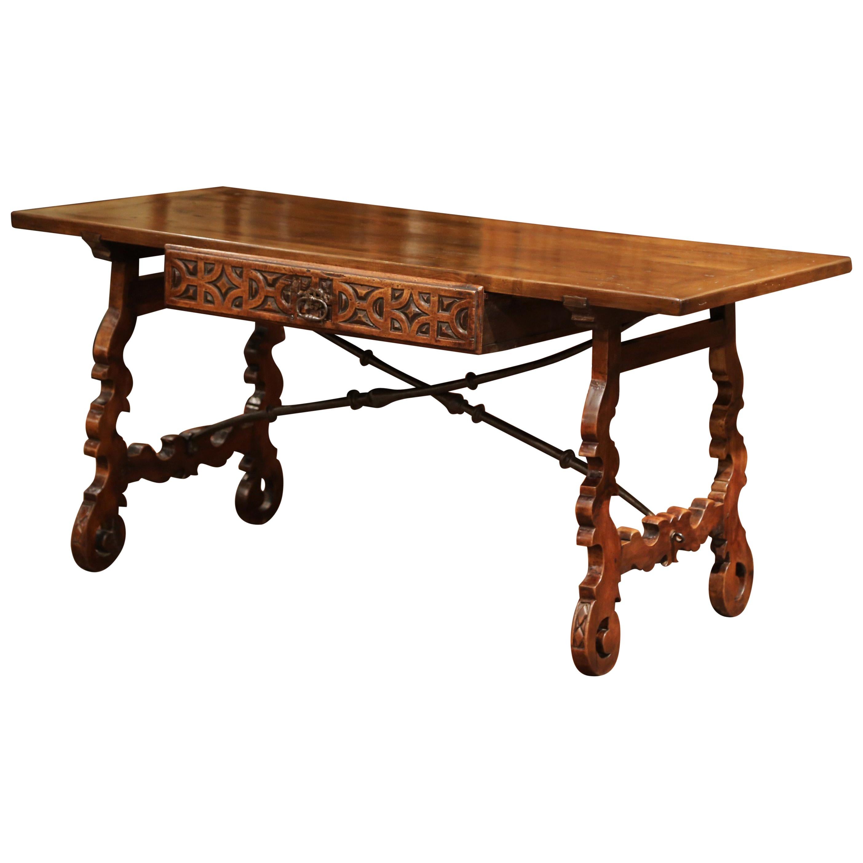 Mid-19th Century Spanish Carved Walnut Writing Table Desk with Centre Drawer