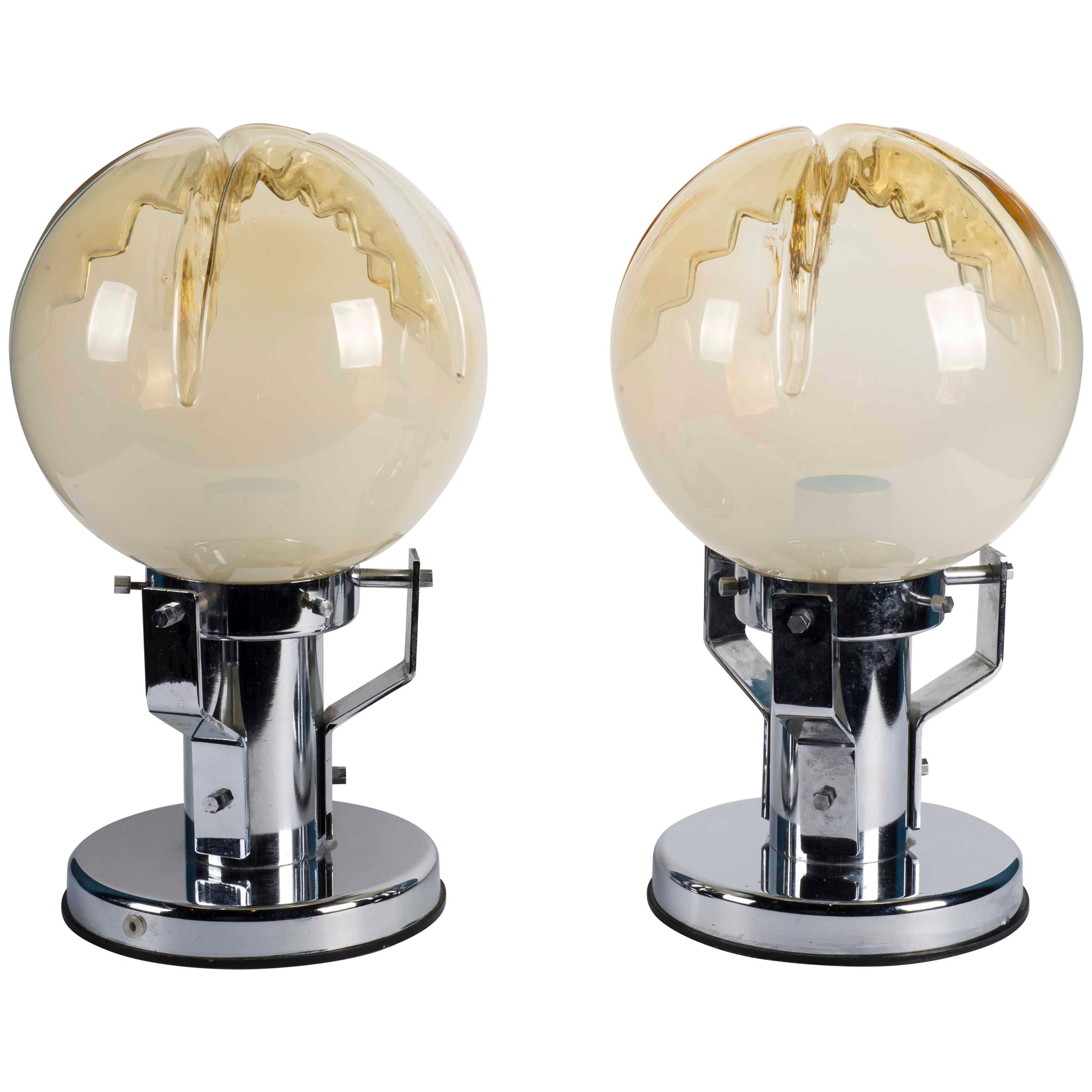 Pair of Murano Glass and Chrome Base Table Lamps For Sale