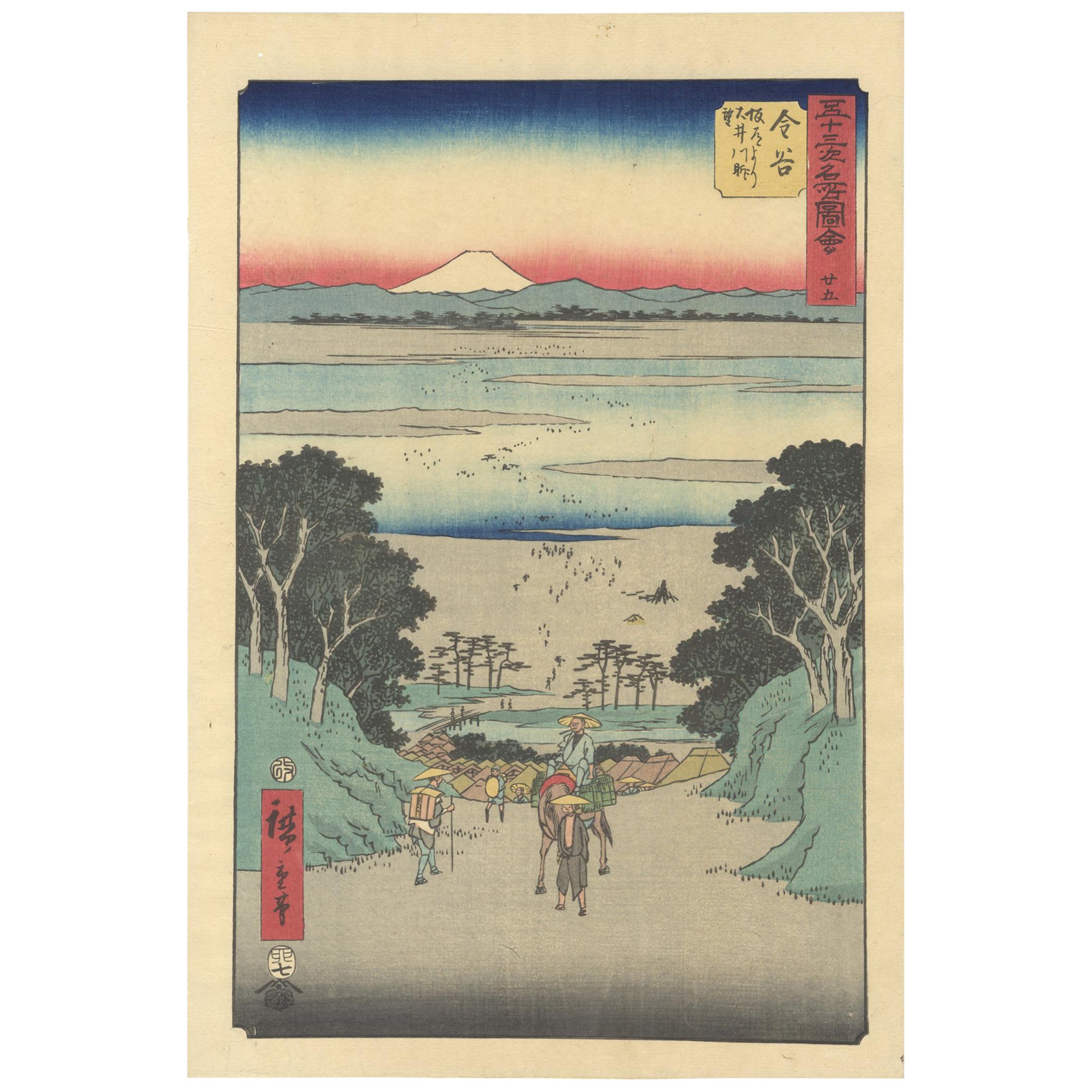 Original Japanese Woodblock Print, Hiroshige, Mt. Fuji, Prussian Blue, Landscape For Sale